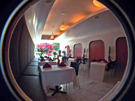 stylish red and white futuristic interior of Kwanjai Thai restaurant