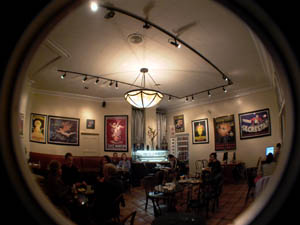 interior view of Cafe Greco at night, San Francisco's North Beach district