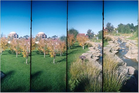 four-eyed camera image creek with Palace of Fine Arts in the distance, in the Presidio, San Francisco