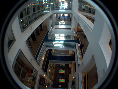 fisheye view of SF Main Library interior