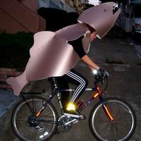 photograph of Arlene in metallic fish costume on bicycle