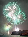 green fireworks lighting San Francisco's Fort Mason Center